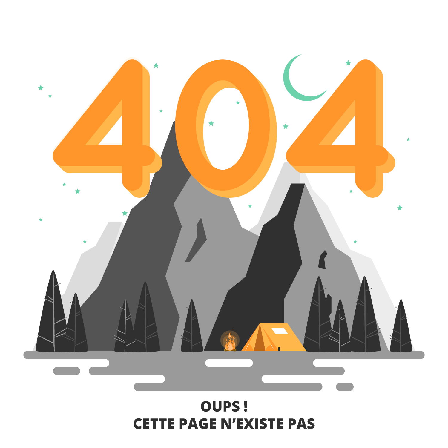 Erreur 404 - Image d'illustration : Tente au pied des montagne "Oups ! Cette page n'existe pas"