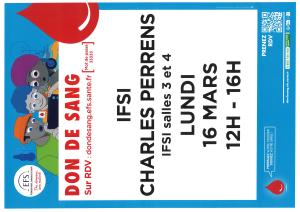 Affiche don de sang IFSI - 16 mars 2026 de 12h à 14h