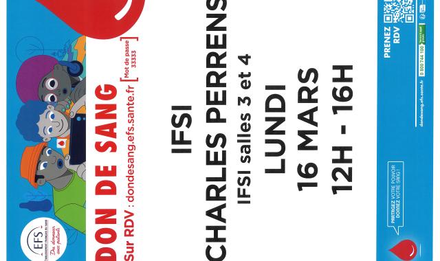 Affiche don de sang IFSI - 16 mars 2026 de 12h à 14h